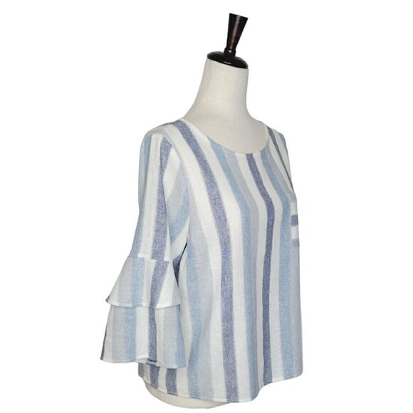 Urban Romantics Blue Striped Linen/Cotton Tiered Sleeve Keyhole Cropped Blouse M - Picture 2 of 7